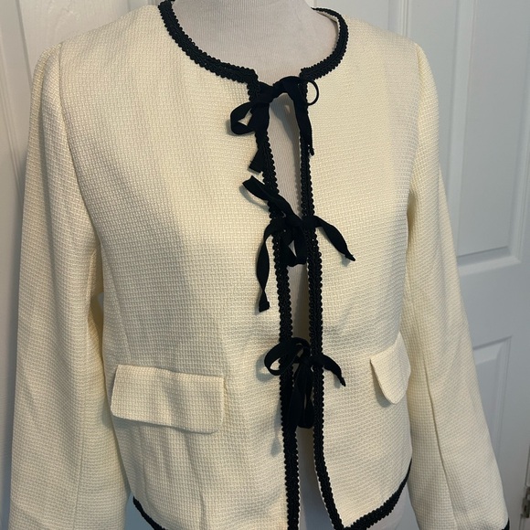 Lulus Coquette Chic Ivory And Black Tweed Tie-front Blazer White - Size L - Picture 7 of 10